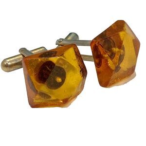 Vintage Honey Amber Mens Cufflinks Cuff Links Dominican Republic Gold Tone Brown